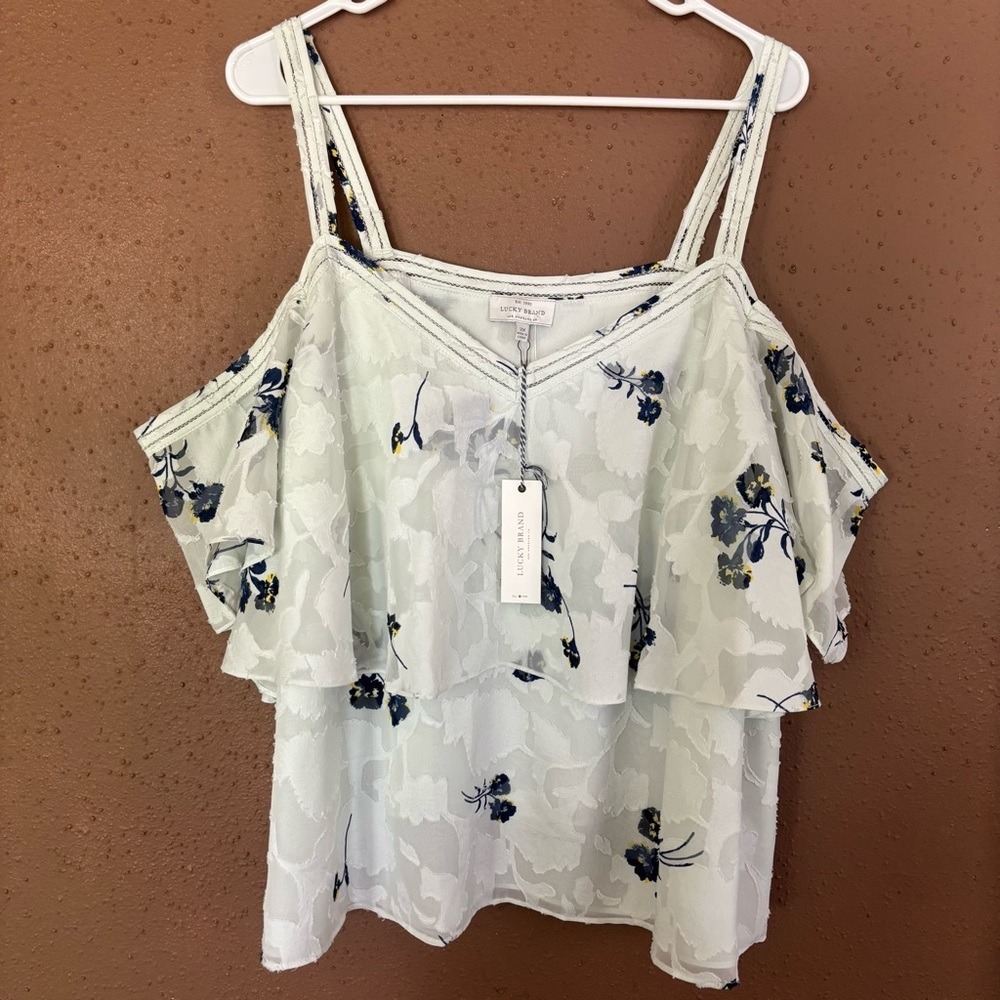Lucky Brand light mint color Floral Burnout Cold Shoulder Ruffle Top 2X New - Picture 4 of 10